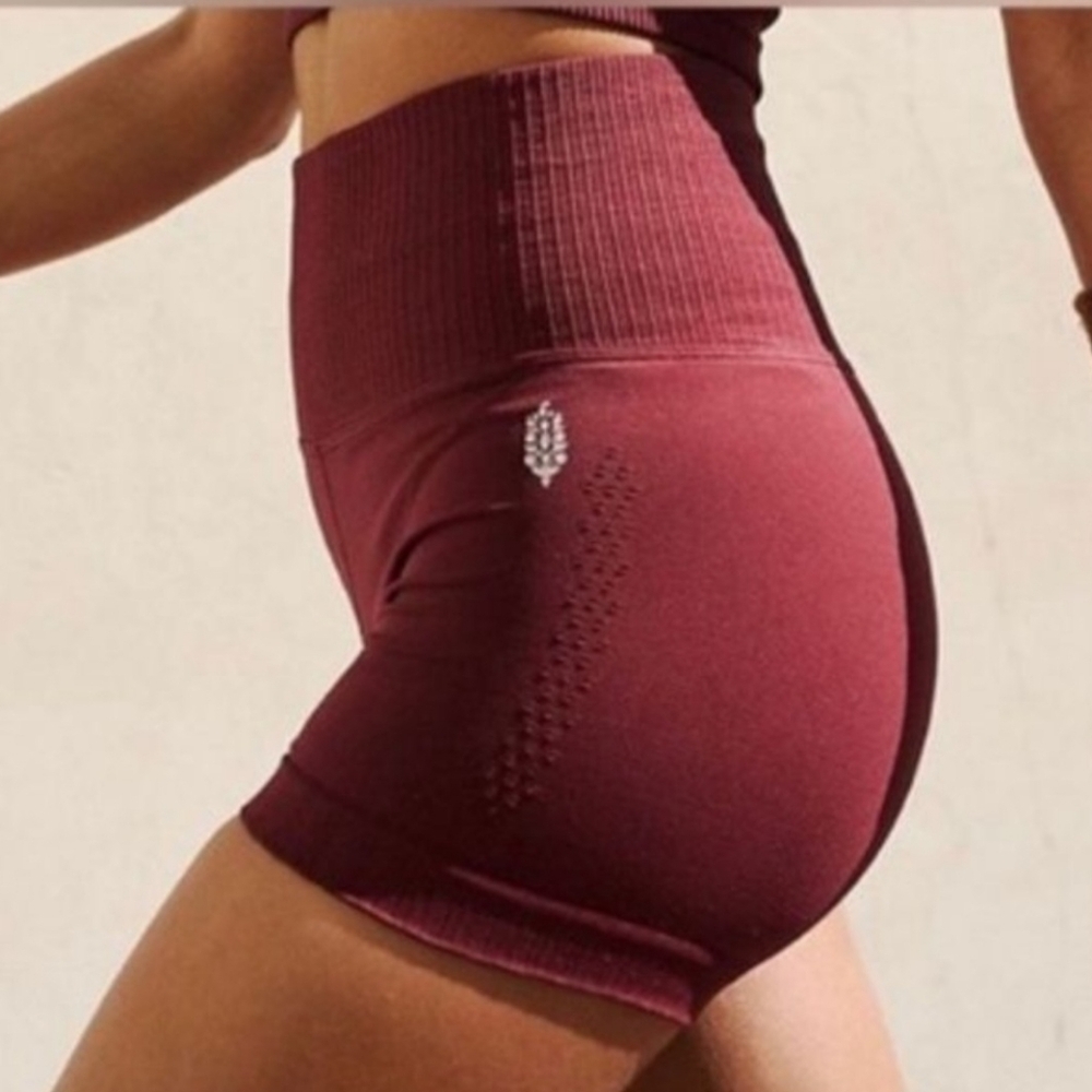 Free People High-Waisted Burgundy Shorts With Striped Detail- Ribbed